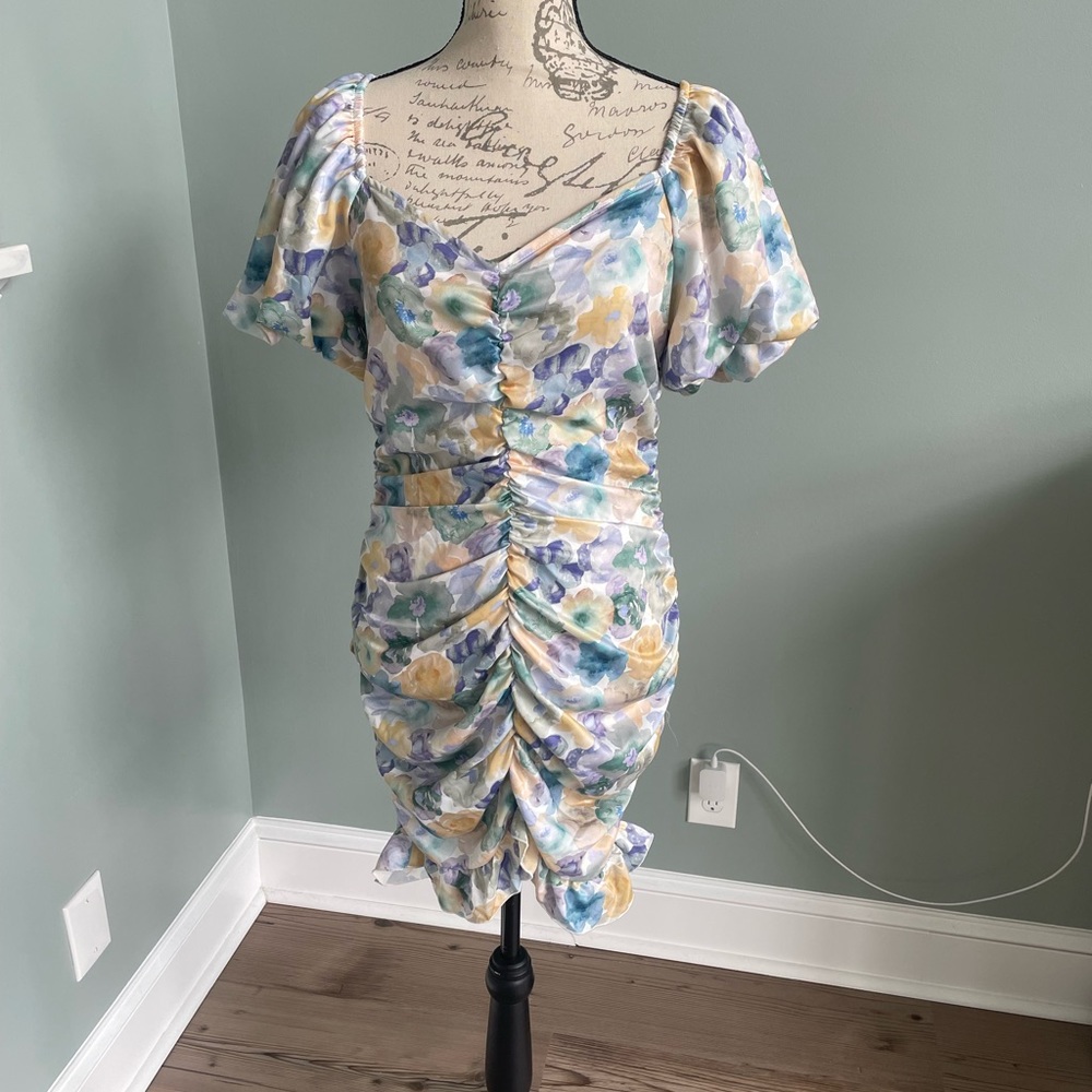 SHEIN Floral Print Ruched Puff Sleeve Ruffle Dress size M
